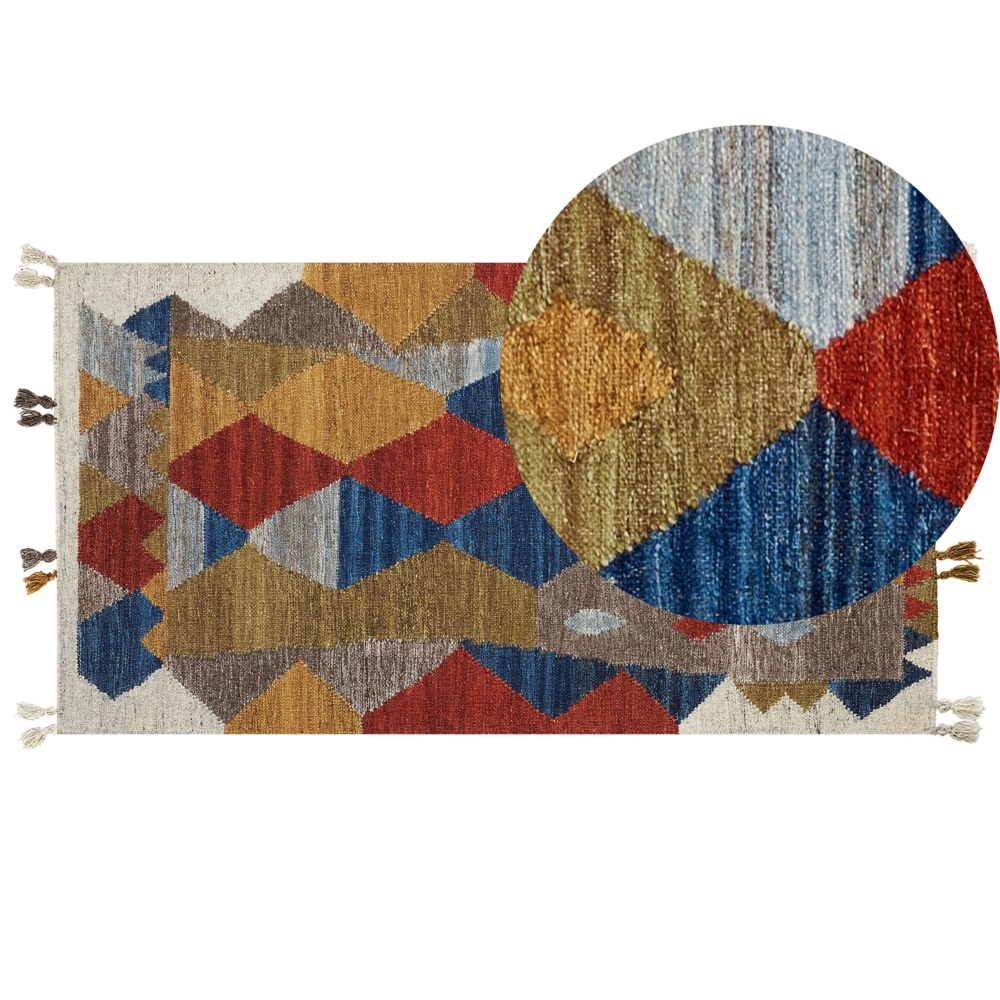 Image of Tappeto kilim in lana multicolore a mano patchwork nappe 80 x 150 cm soggiorno camera da letto