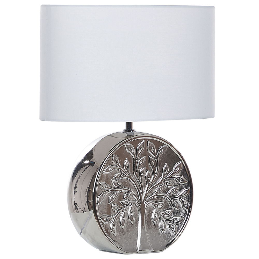 Image of Lampada da Tavolo Argento Ceramica 49 cm Glam Luce Notturna Paralume Albero Motivo Lucido Camera da Letto Soggiorno