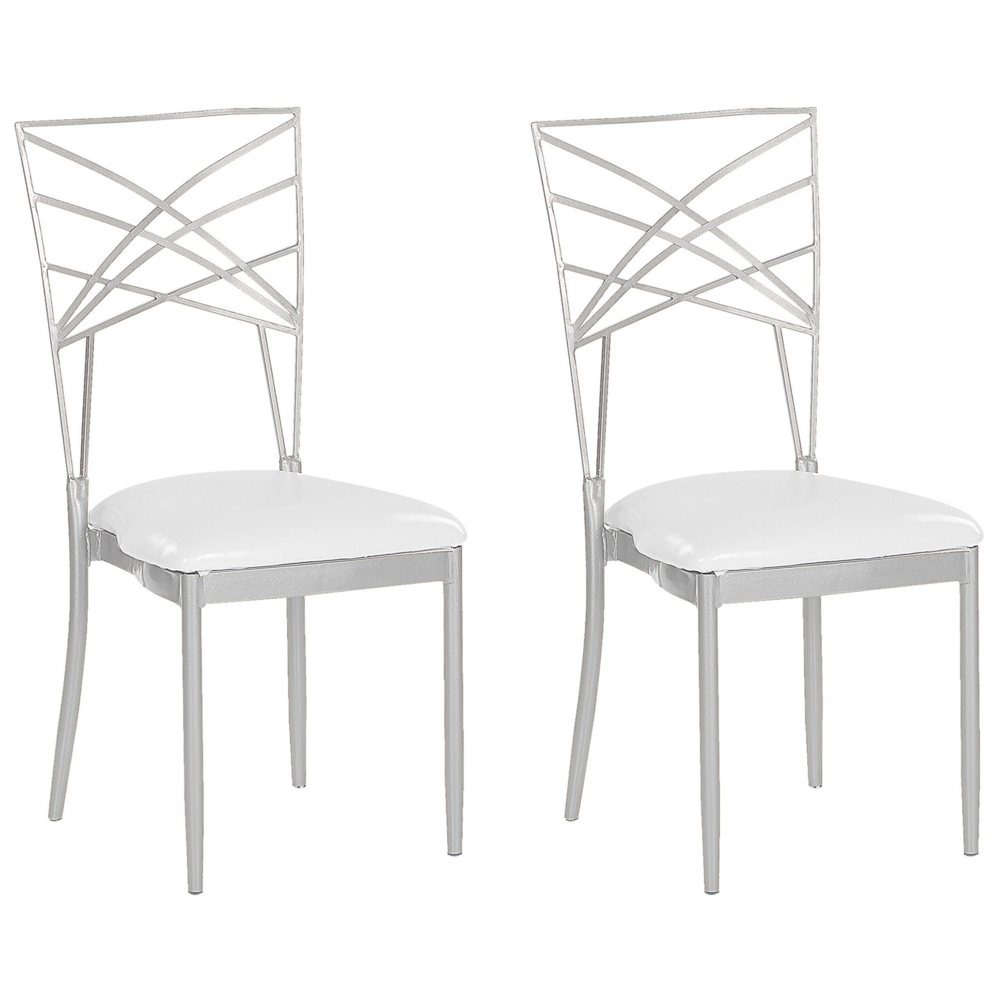Image of Set di 2 sedie da pranzo in metallo argentato in ecopelle bianca con imbottitura per sedile in stile industriale glam