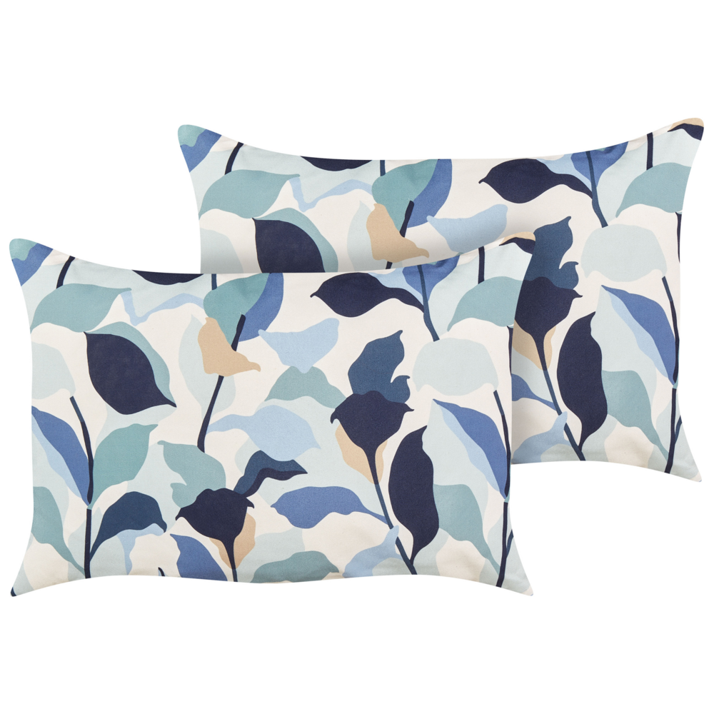 Set di 2 cuscini da giardino per esterni in poliestere con motivo a foglie blu 40 x 60 cm resistente all'acqua