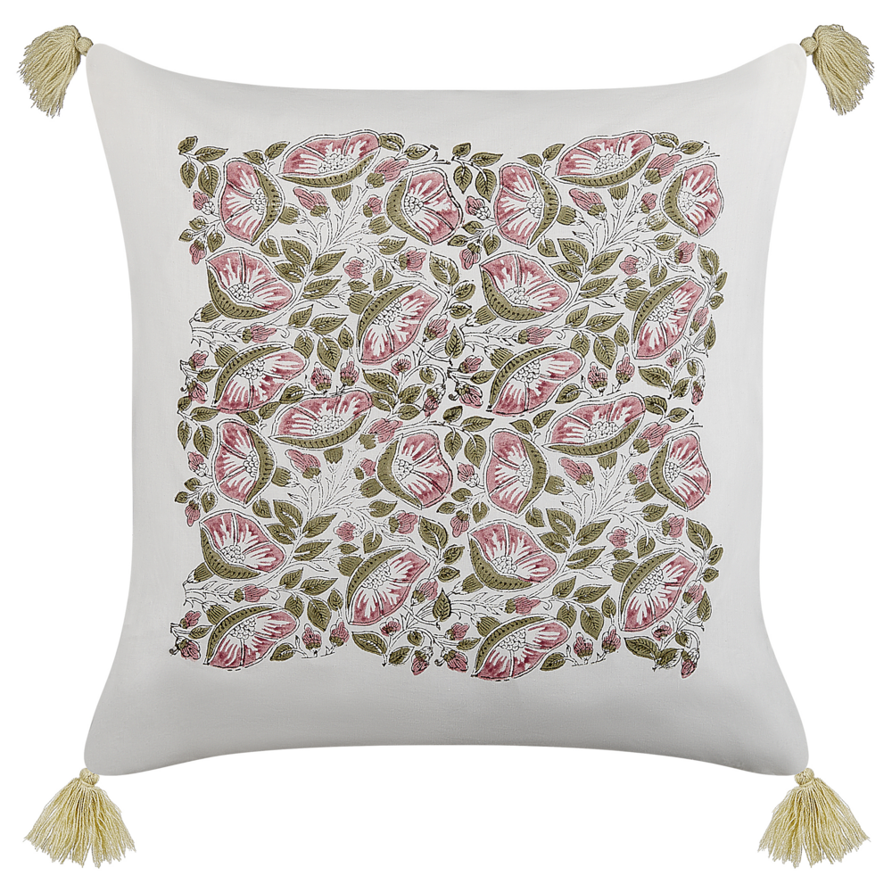 Image of Cuscino decorativo cotone multicolore 45 x 45 cm motivo floreale nappe realizzato a mano rivestimento sfoderabile con imbottitura boho style