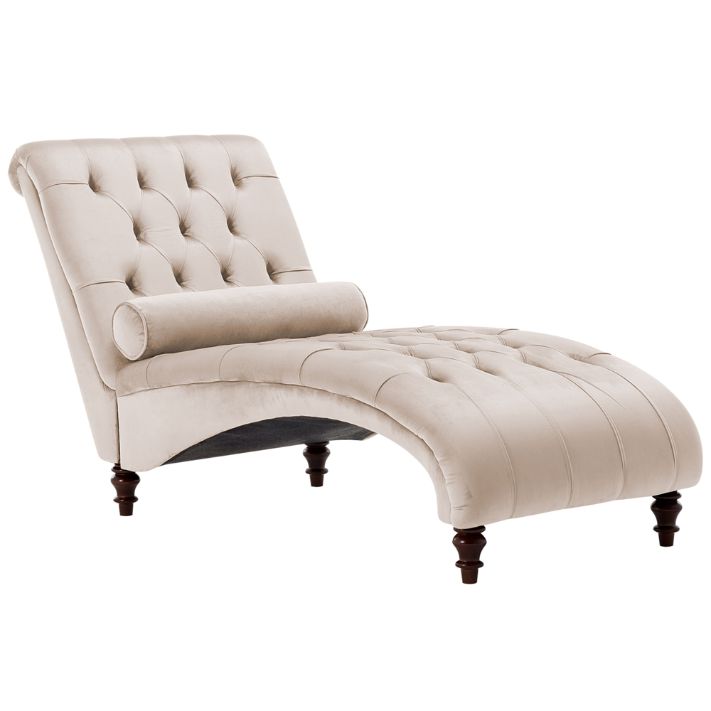 Image of Chaise longue in velluto beige Chesterfield abbottonato moderno soggiorno Chaise gambe in legno