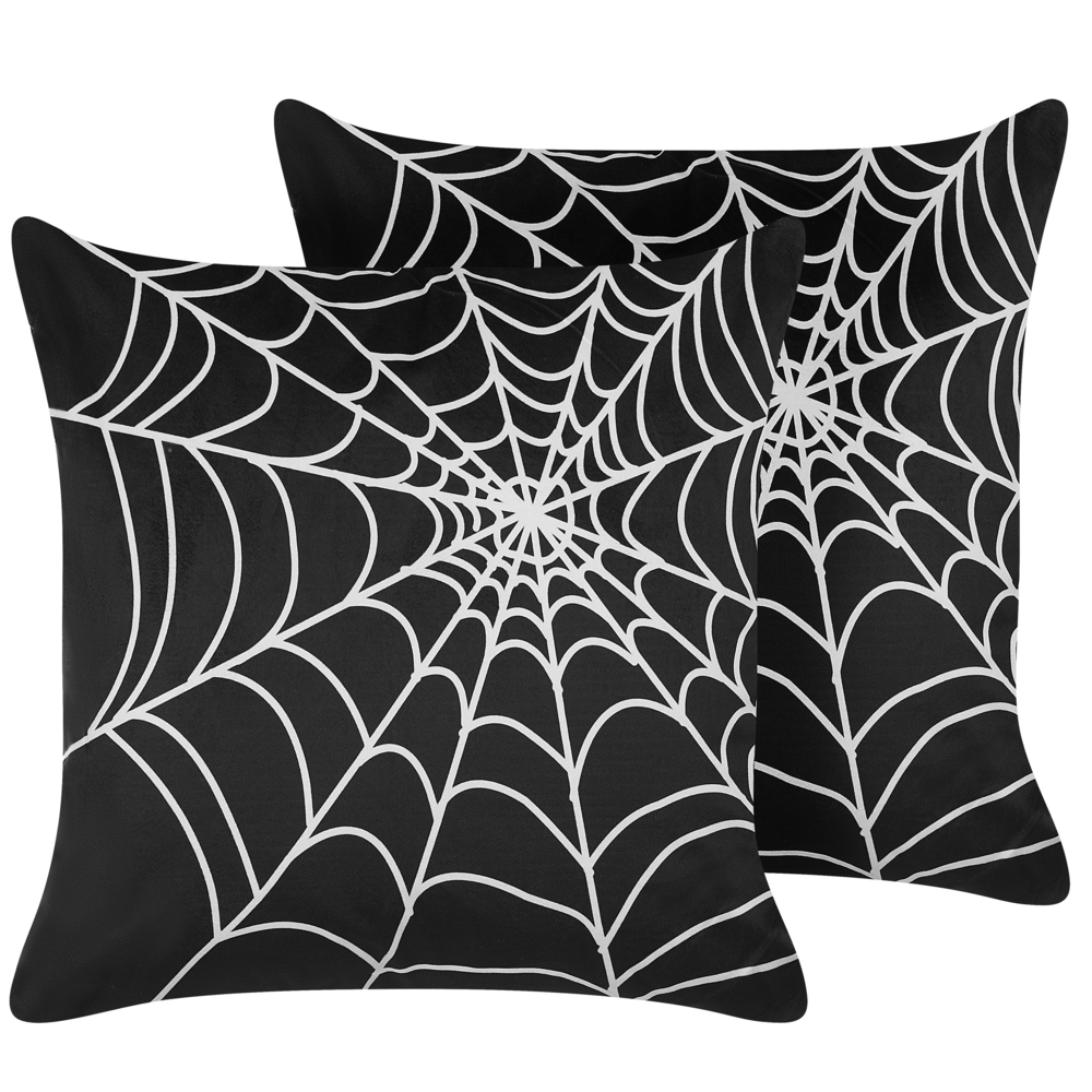 Image of Set di 2 cuscini decorativi in velluto nero motivo ragnatela 45 x 45 cm quadrati moderni accessori per la decorazione autunnale di Halloween
