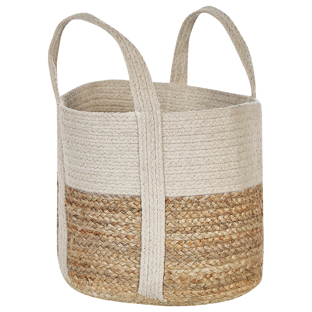 Image of Cesto portaoggetti in juta e cotone beige e bianco Cesto portabiancheria intrecciato con manici
