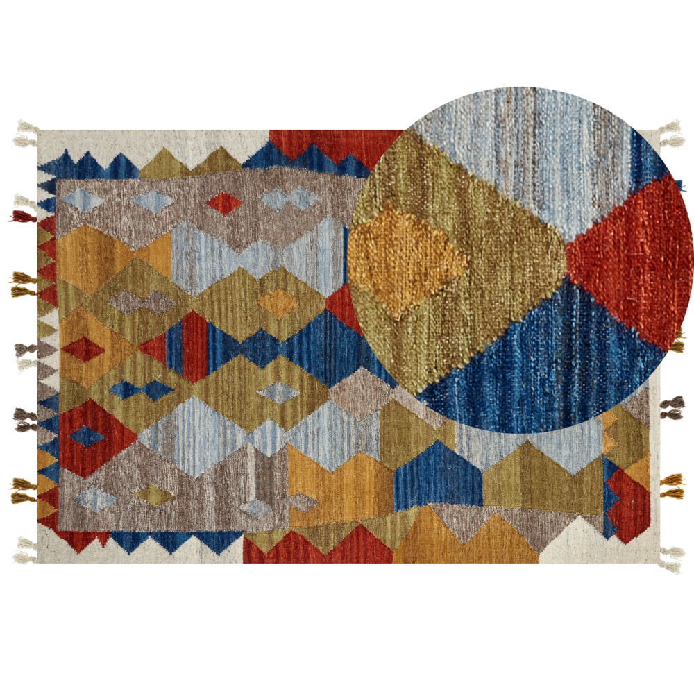 Image of Tappeto kilim in lana multicolore a mano patchwork nappe 160 x 230 cm soggiorno camera da letto