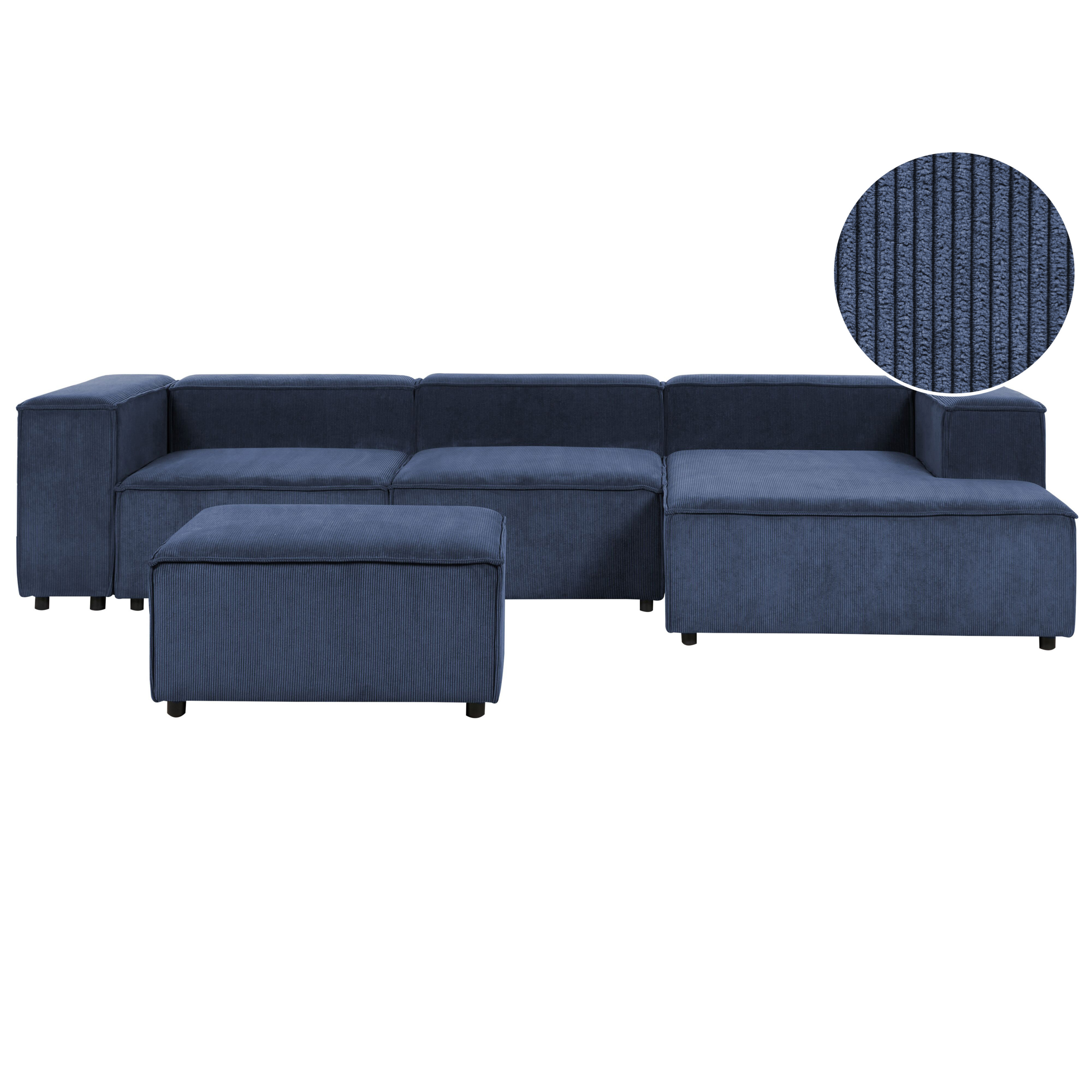 Modulaire driezitsbank met ottomaan corduroy blauw linkszijdig APRICA