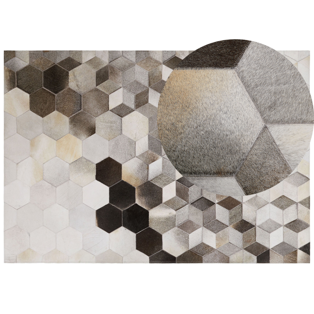Image of Tappeto in pelle di vacchetta Capelli grigi su pelle Motivo patchwork geometrico 160 x 230 cm