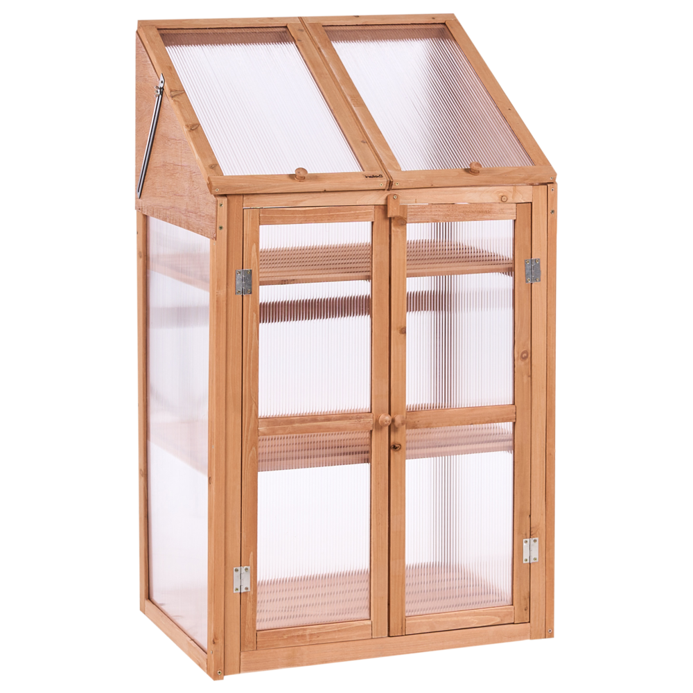 Serra da balcone in legno di abete marrone chiaro con doppia porta, 3 ripiani e pannello trasparente da giardino