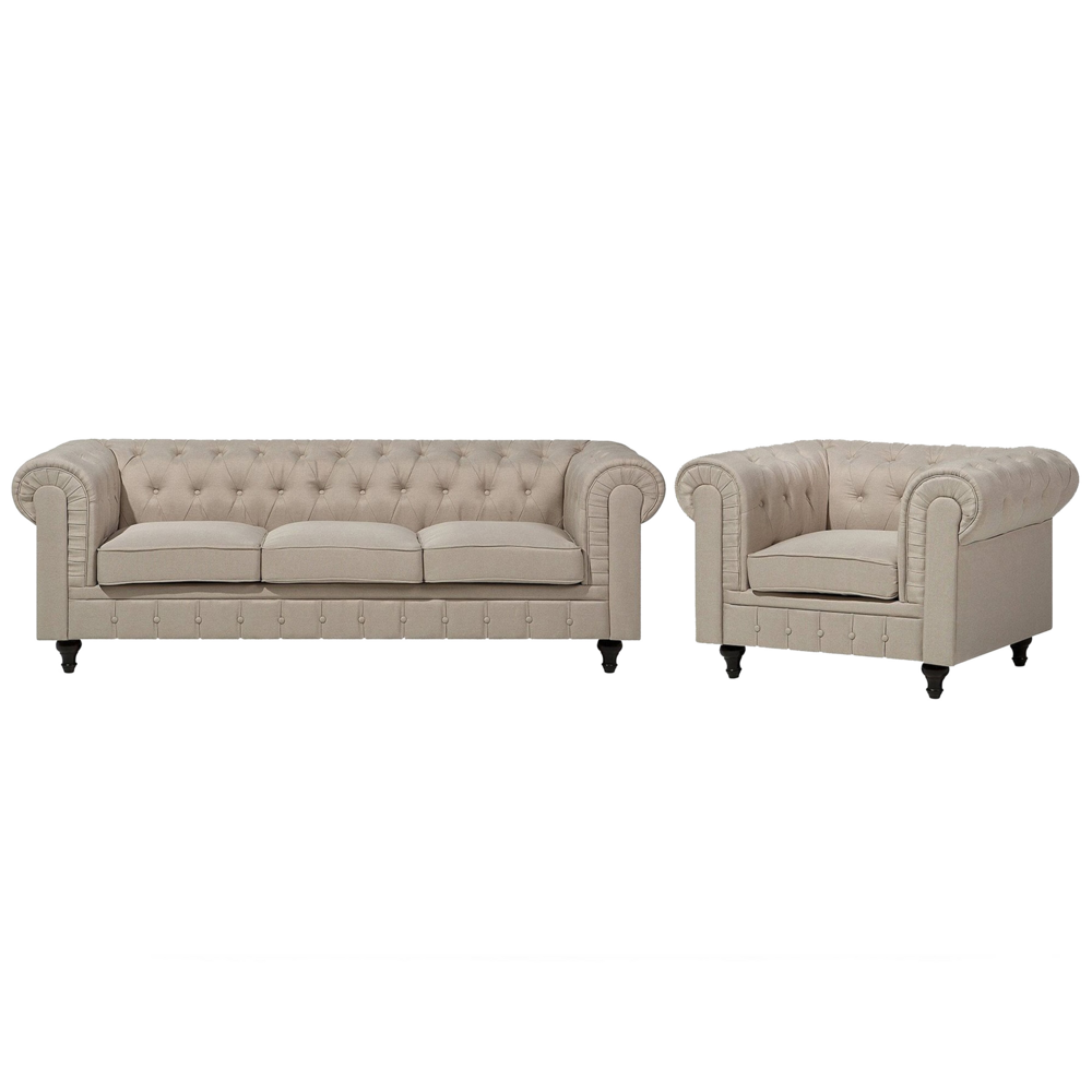 Image of Set soggiorno Chesterfield in tessuto beige gambe in legno scuro divano a 3 posti + poltrona contemporanea