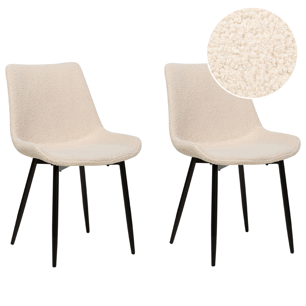 Image of Set di 2 sedie da pranzo in tessuto bouclè beige braccioli schienale intagliato gambe in metallo moderna industriale