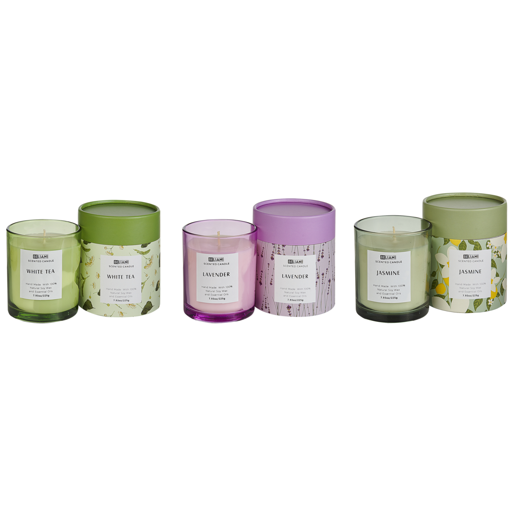 Image of Set di 3 candele profumate multicolore 100% cera di soia stoppino di cotone vetro fragranza floreale erbe orientali te-lavanda-gelsomino