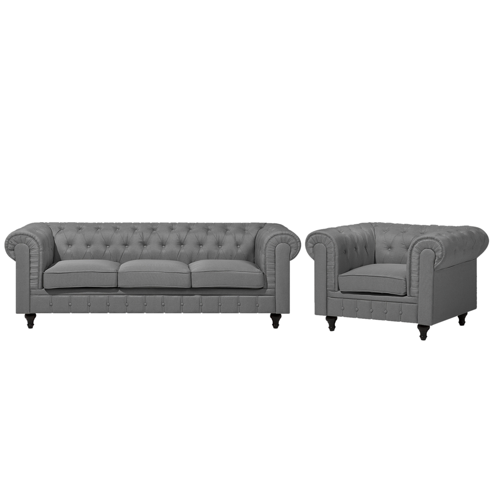 Image of Set soggiorno Chesterfield in tessuto grigio chiaro gambe in legno scuro divano a 3 posti + poltrona contemporanea
