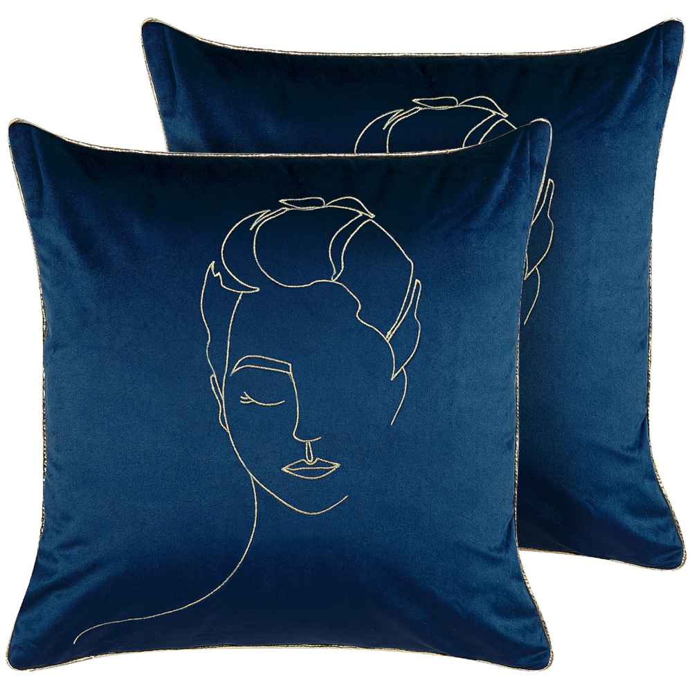 Image of Set di 2 cuscini decorativi in velluto blu e oro 45 x 45 cm motivo viso glamour accessori decorativi