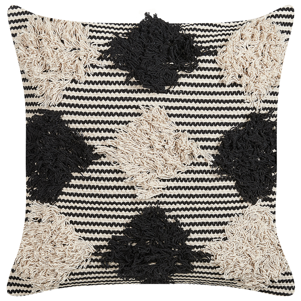 Image of Cuscino decorativo in cotone beige e nero 50 x 50 cm motivo geometrico sfoderabile fatto a mano con imbottitura