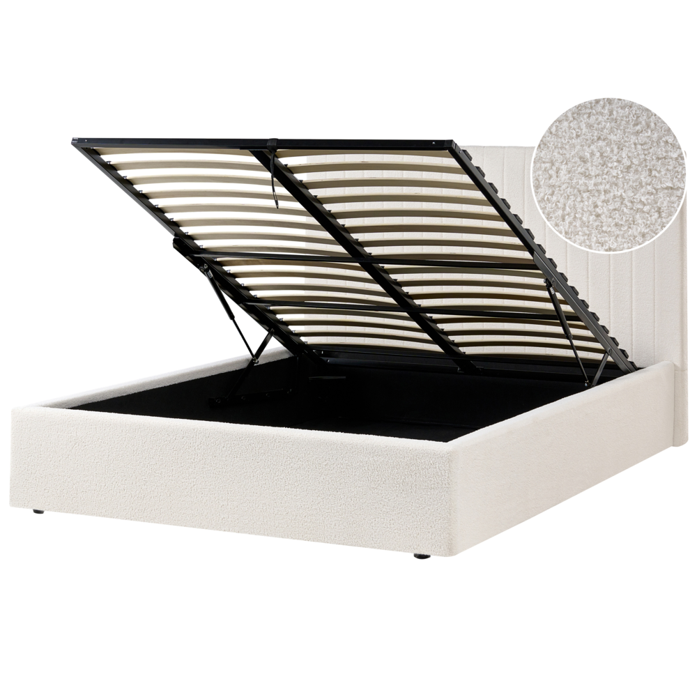Letto matrimoniale Rivestimento bouclé bianco sporco 140 x 200 cm Testiera trapuntata Funzione contenitore