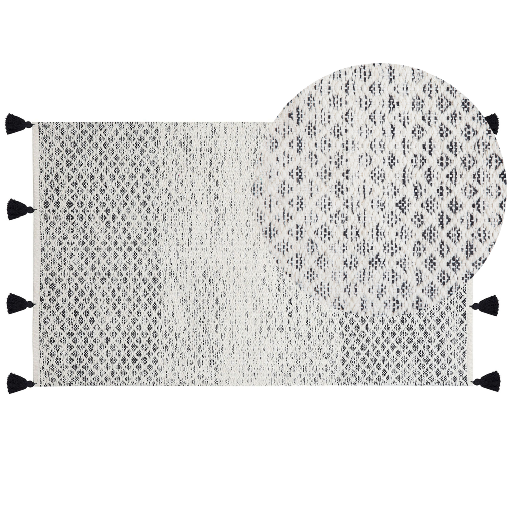 Image of Tappeto bianco e Nero in lana 80 x 150 cm con nappe motivo geometrico a rombi intrecciato a mano a trama piatta