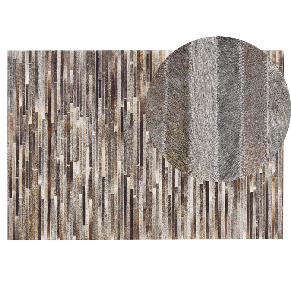 Image of Tappeto tappetino Pelle Bovina Marrone e Grigio 140 x 200 cm Motivo A Righe Patchwork
