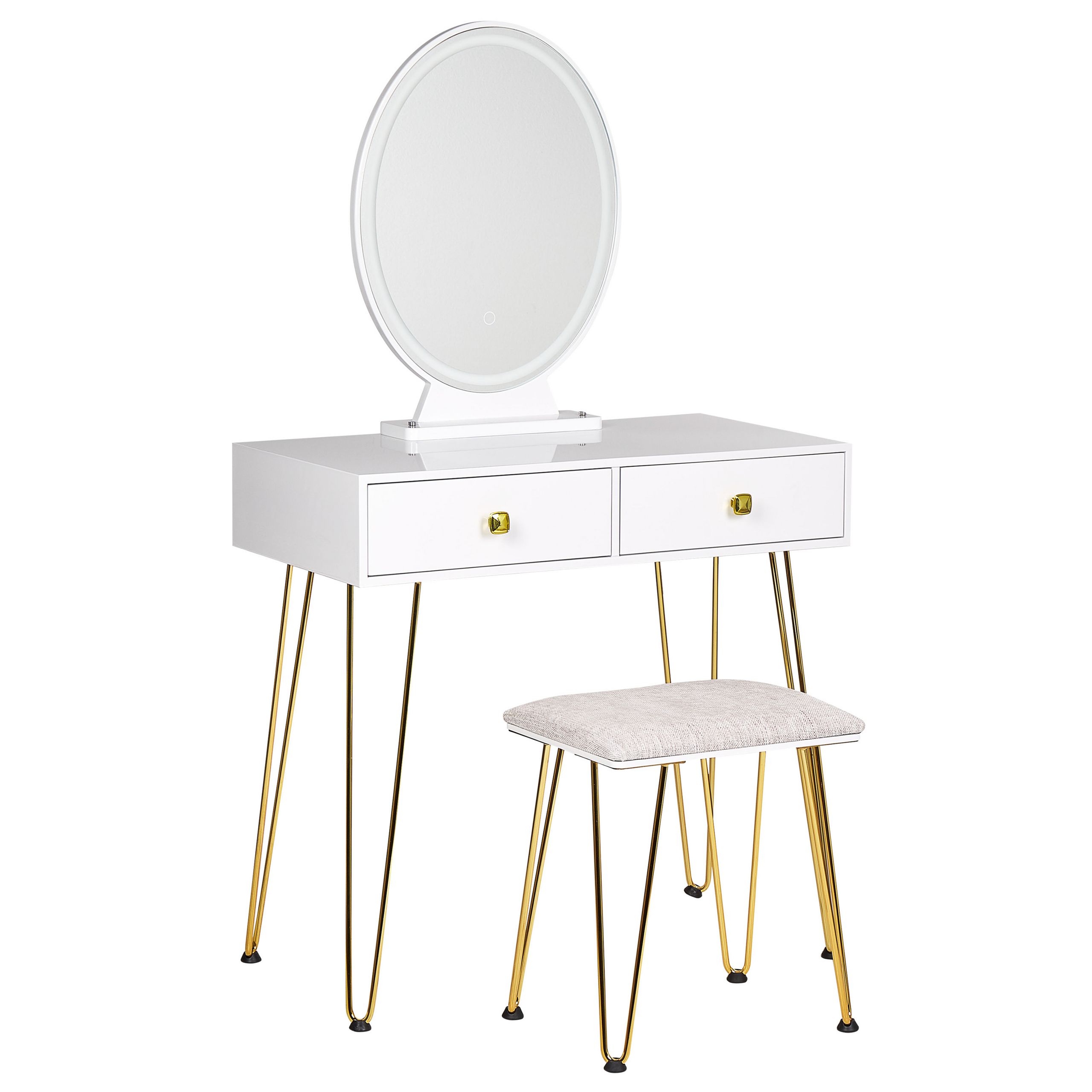 Kaptafel met LED spiegel met kruk wit/goud CAEN