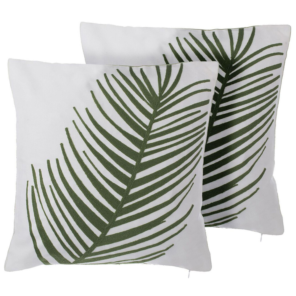 Image of Set di 2 cuscini decorativi bianchi con stampa di foglie di palma in cotone verde 45 x 45 cm motivo floreale arrossoamento retrò accessori
