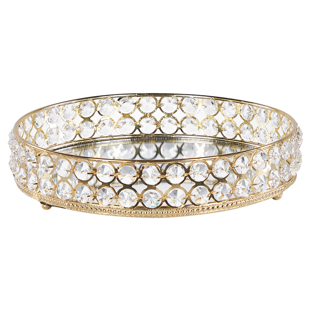 Image of Vassoio decorativo in ferro dorato e vetro specchiato rotondo con strass da tavolo con i glamour