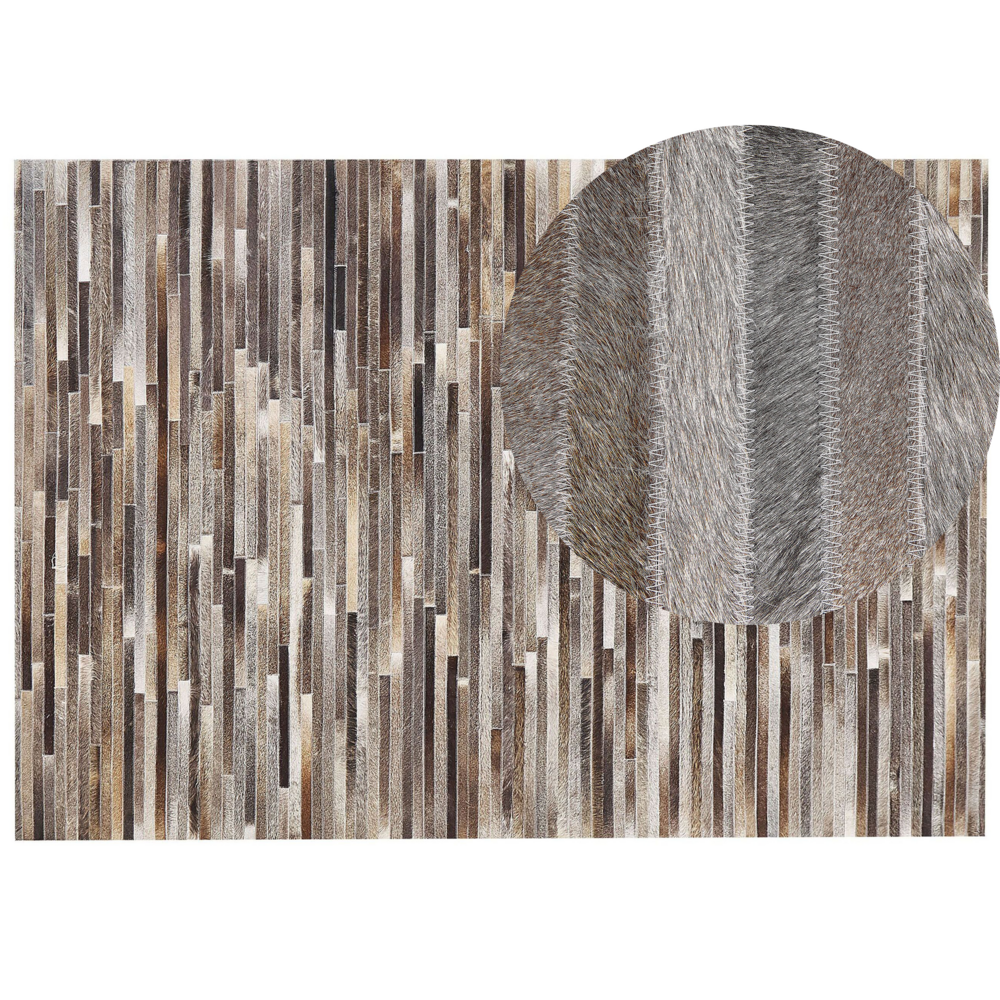 Image of Tappeto tappetino Pelle Bovina Marrone e Grigio 160 x 230 cm Motivo A Righe Patchwork