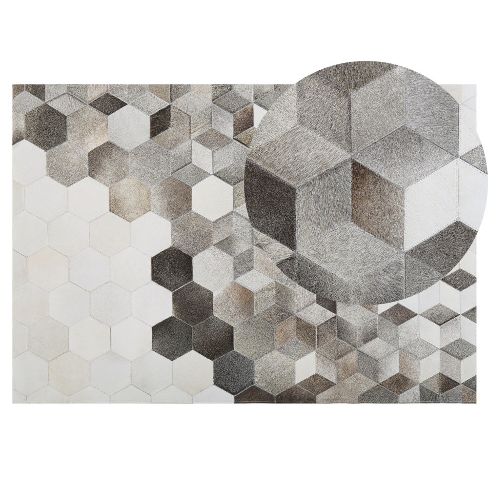 Image of Tappeto in pelle di vacchetta Capelli grigi su pelle Motivo patchwork geometrico 140 x 200 cm