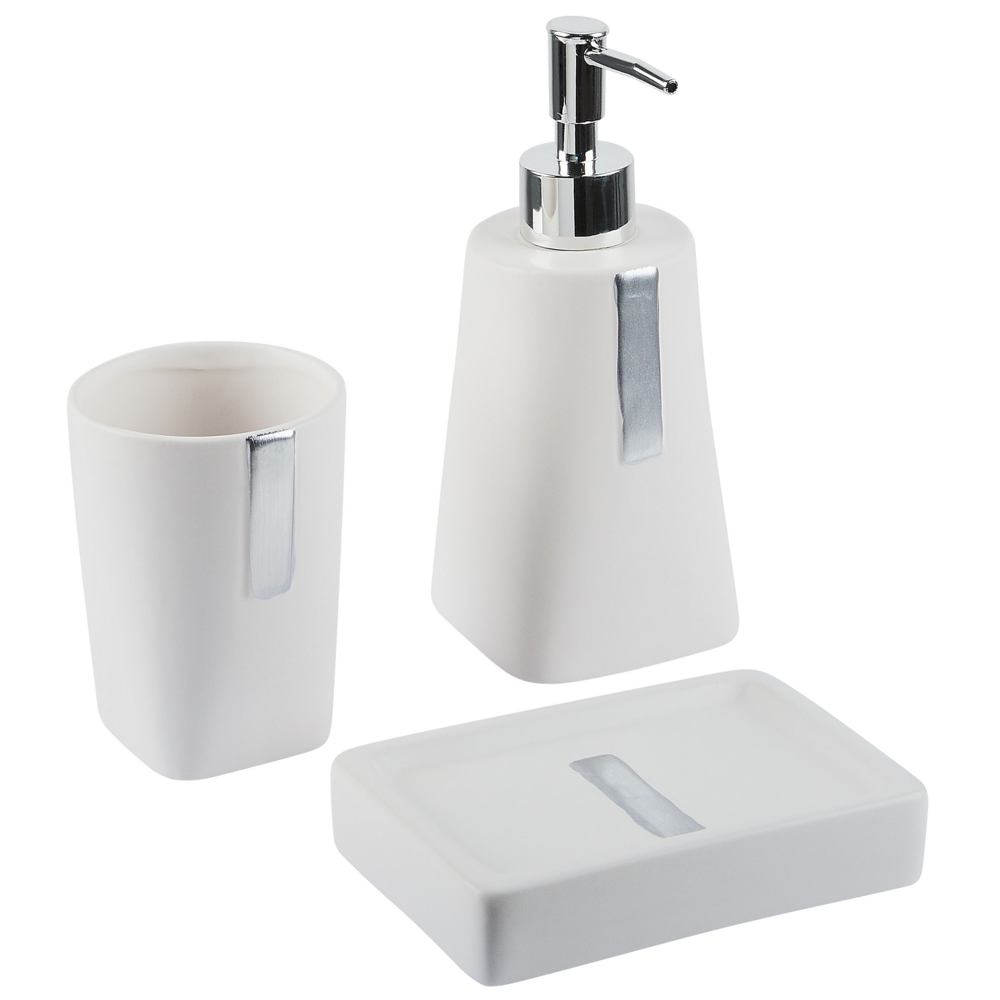 Image of Set di 3 Accessori Bagno in Ceramica beige dispenser sapone porta sapone portaspazzolini