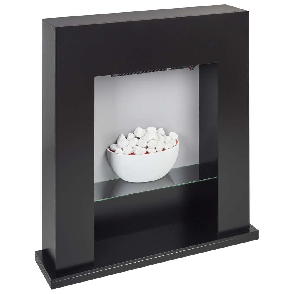 Camino Elettrico Riscaldatore Nero Mdf Mantello Led Carboni Ciottoli Fuoco Fiamme Con Termostato-image