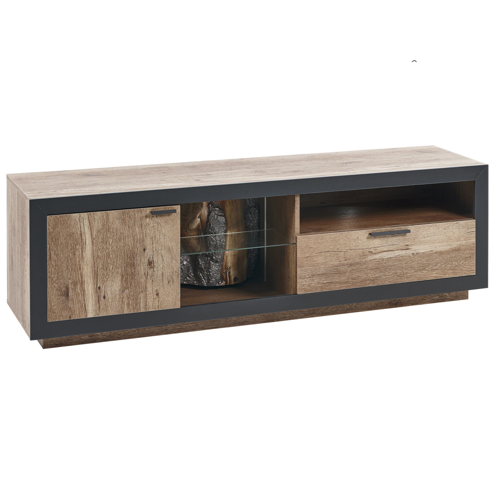 Mobile TV con LED in legno chiaro nero 160 x 42 cm con mensola soggiorno sala da pranzo stile retrò