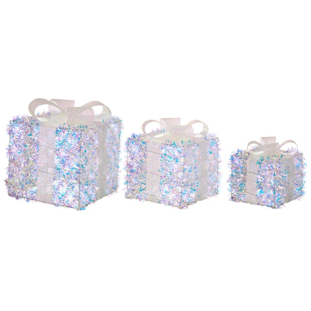 Set di 3 scatole regalo natalizie luminose multicolori con luci LED Decorazioni natalizie glitterate con fiocchi per uso interno