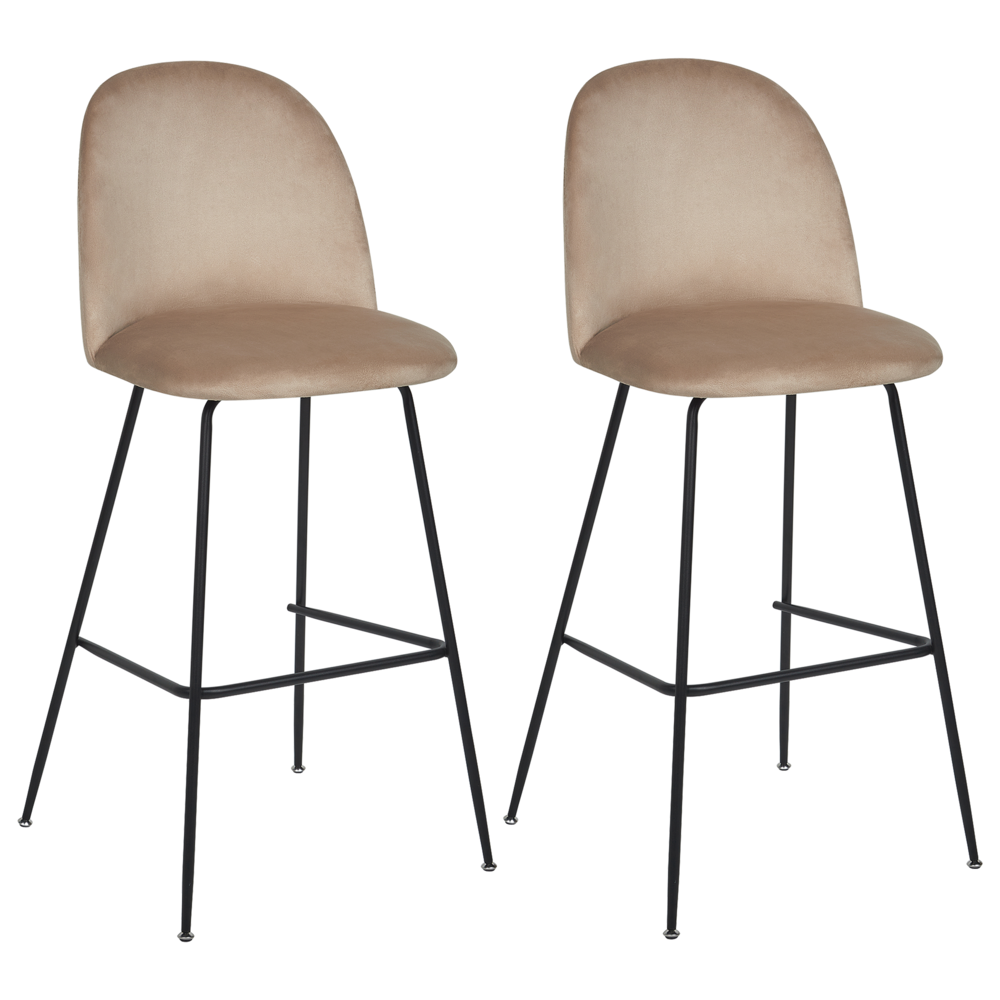 Image of Set di 2 sedie da bar Tappezzeria in velluto beige Taupe Telaio in acciaio nero Seduta ad altezza banco Mobili da sala da pranzo Glam Design
