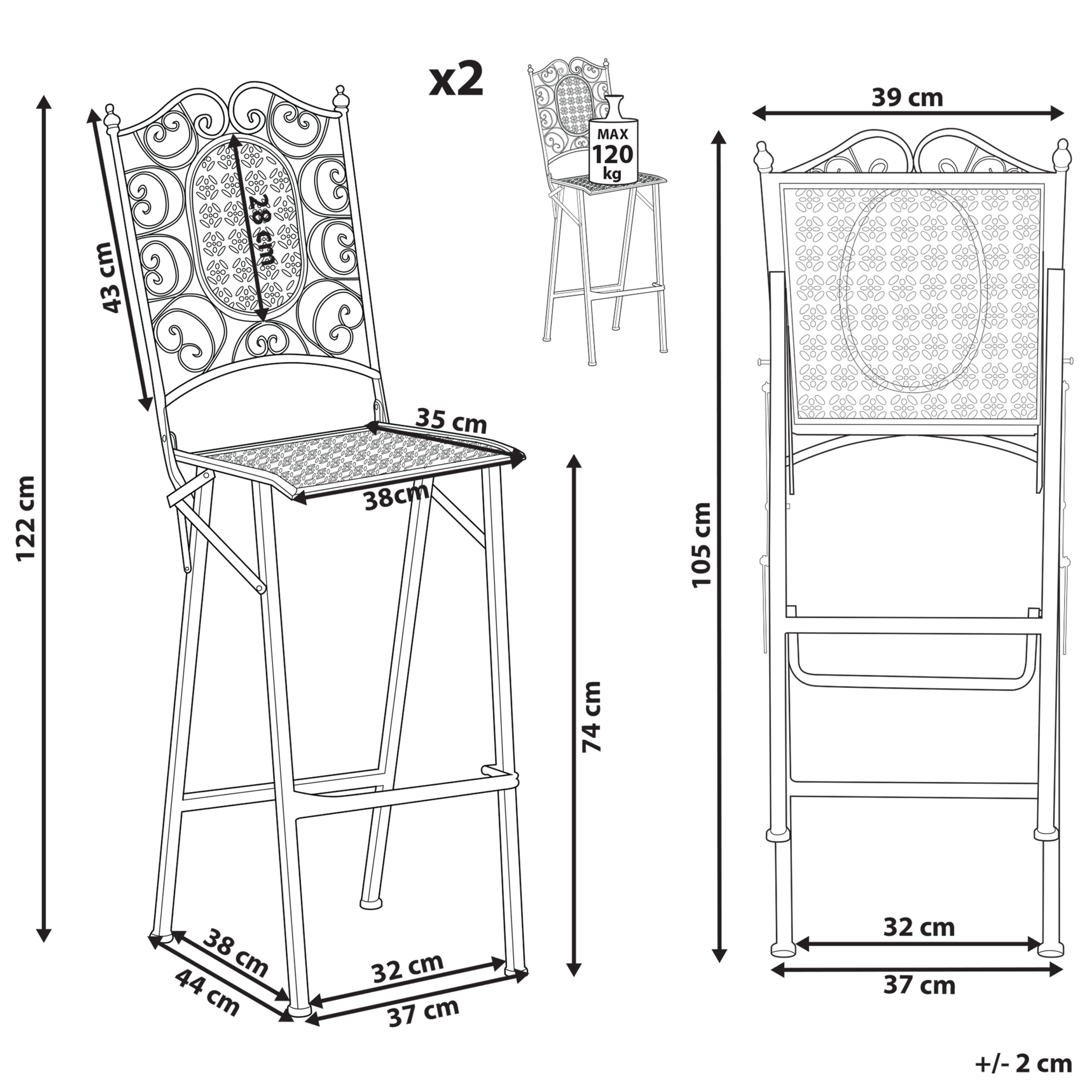Set de 2 scaune de bar pentru exterior BORMIO Pliabil Metal Negru [3]