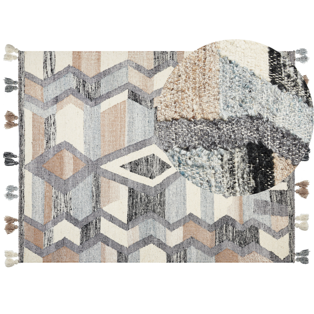 Image of Tappeto Kilim multicolore in lana e cotone 160 x 230 cm Fatto a mano con motivo patchwork boho con frange