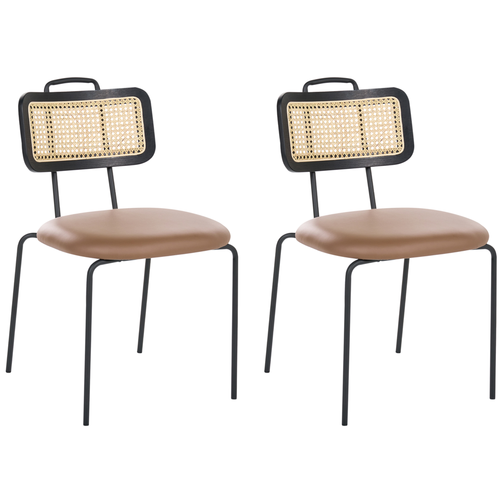 Set di 2 sedie da pranzo con seduta in ecopelle marrone, schienale in rattan PE, gambe in ferro, senza braccioli, cappucci protettivi, design boho moderno