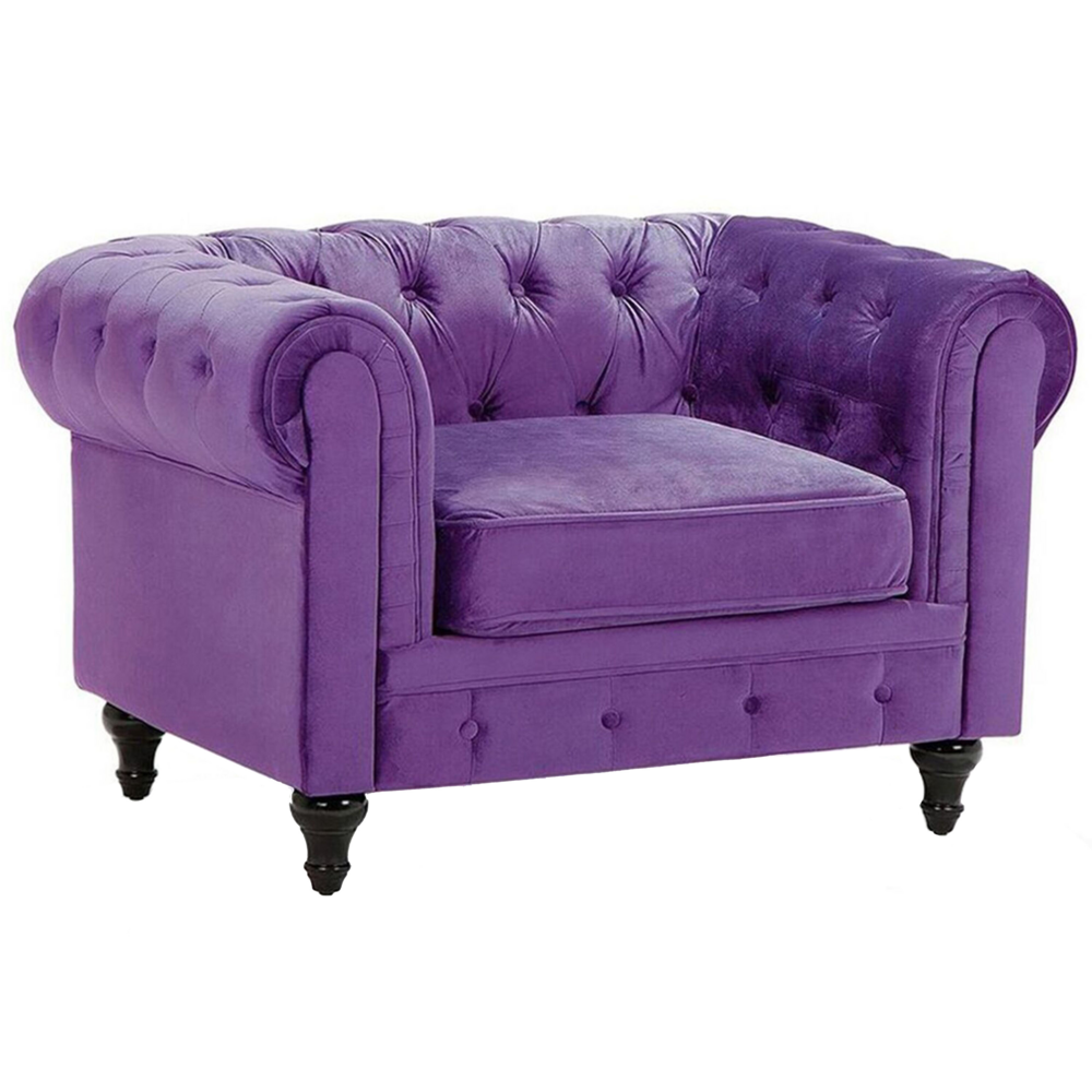 Image of Poltrona Chesterfield Tessuto Velluto Viola Rivestimento Gambe Legno Scuro Contemporaneo