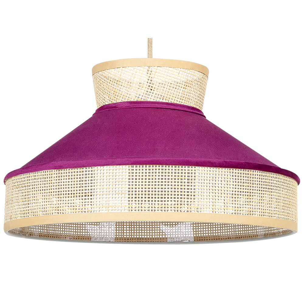 Image of Lampadario lampada a sospensione in rattan rosa naturale con paralume in velluto boho illuminazione
