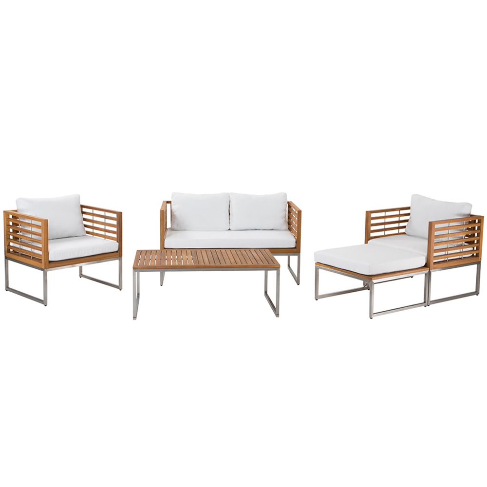 Image of Set Divani Da Giardino In Legno Di Acacia Cuscini Bianchi 4 Posti A Doghe Design Set Conversazione Per Esterni