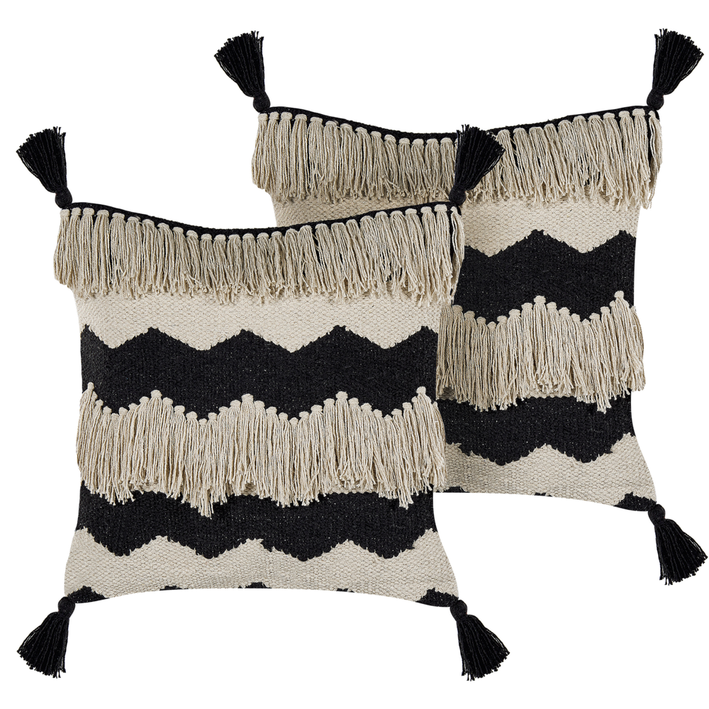 Image of Set di 2 cuscini decorativi cotone beige e nero, 40 x 60 cm, con nappe, motivo geometrico boho, accento fatto a mano