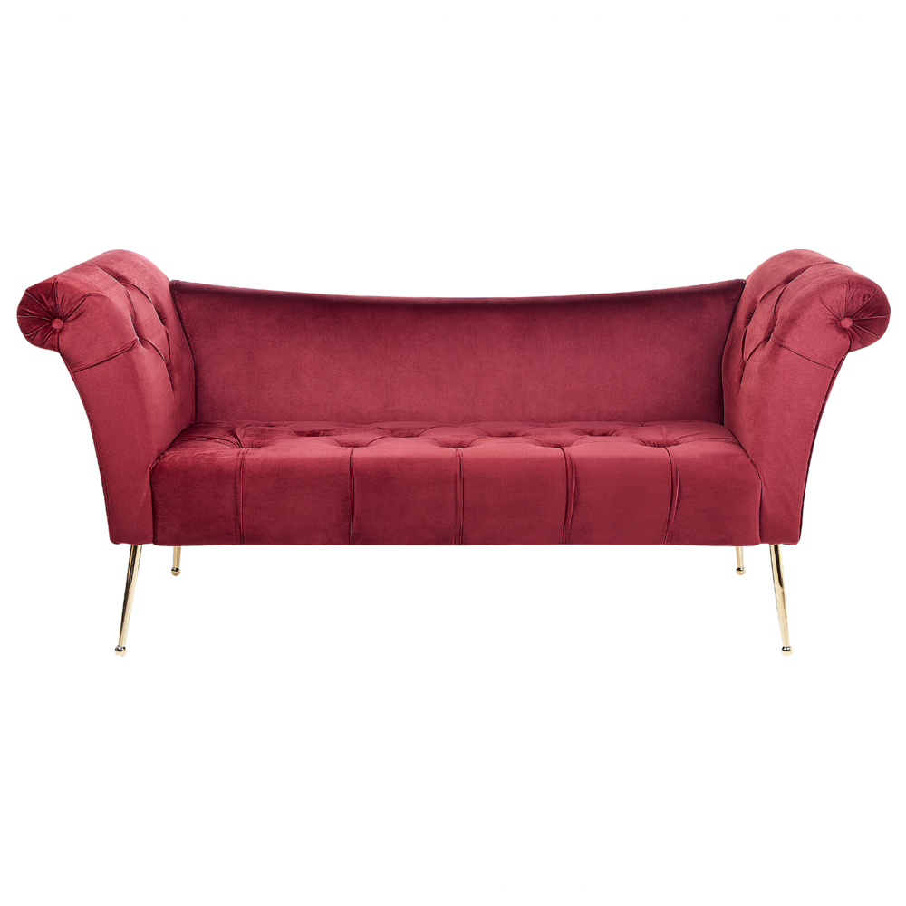 Image of Chaise longue con tappezzeria in velluto rosso scuro Seduta capitonné a doppia estremità con gambe in metallo dorato