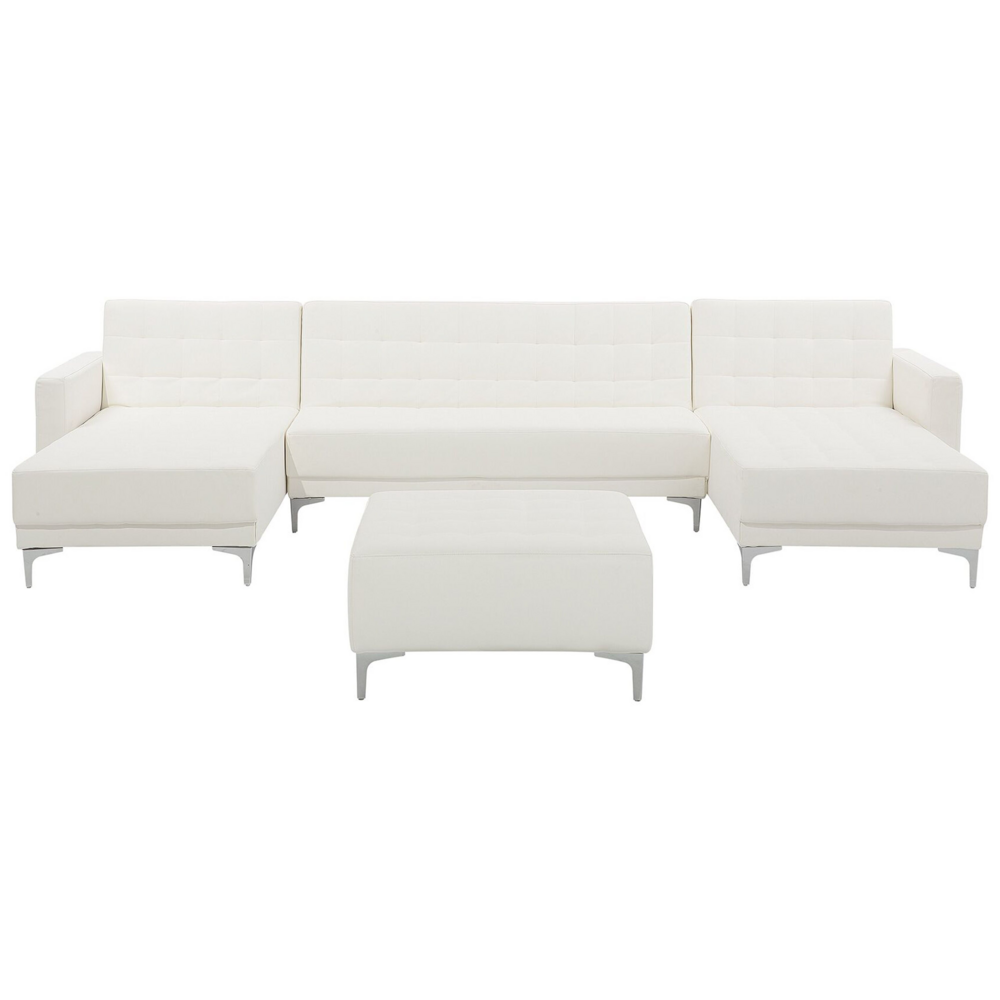 Divano letto ad angolo in ecopelle bianca capitonné moderno a forma di U modulare a 5 posti con chaise longue ottomane