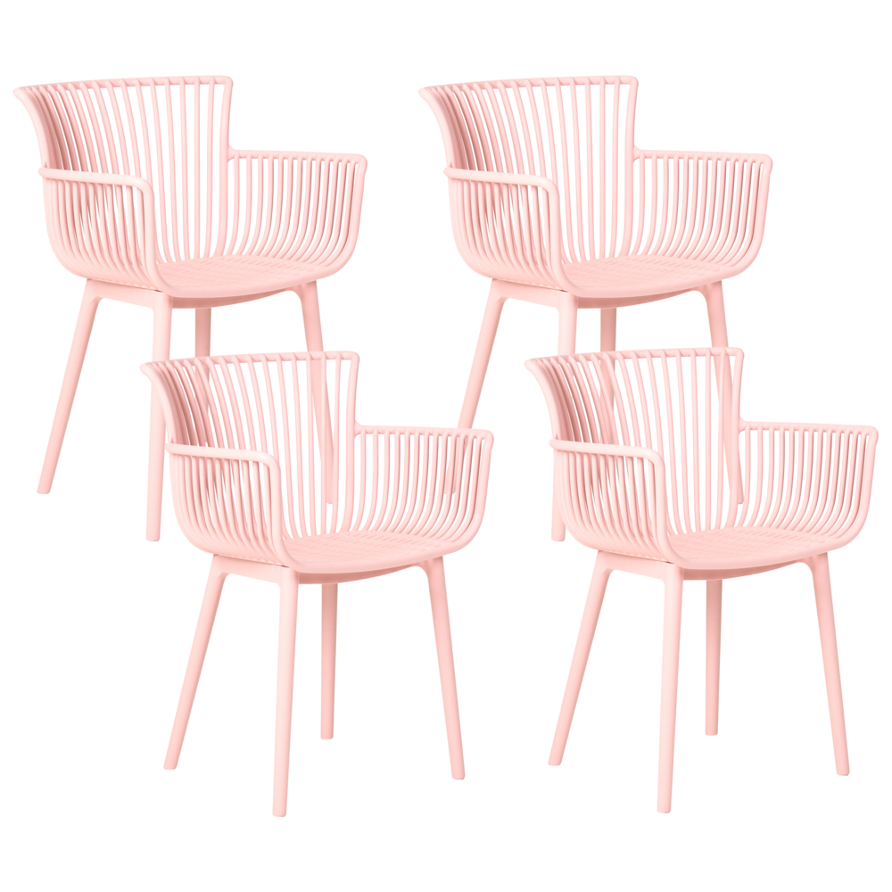 Set di 4 sedie da pranzo in plastica rosa per interni ed esterni da giardino con braccioli in stile minimalista