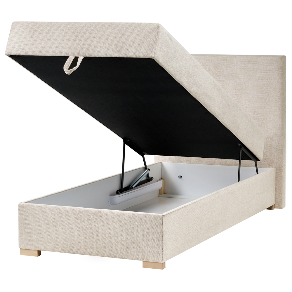 Letto singolo con contenitore sollevabile in tessuto beige chiaro 90 x 200 cm con testiera stile moderno