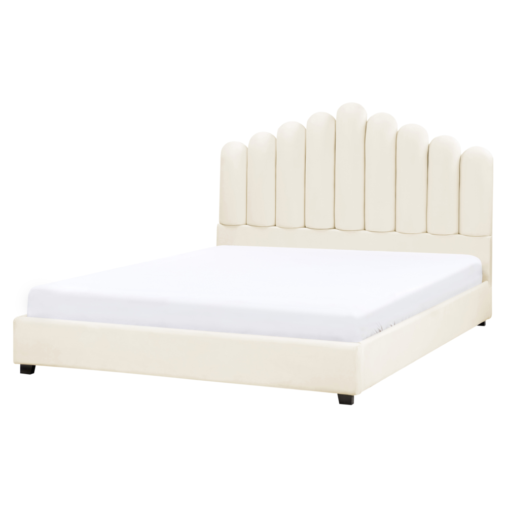 Letto matrimoniale rete a doghe velluto bianco sporco 140 x 200 testiera a conchiglia