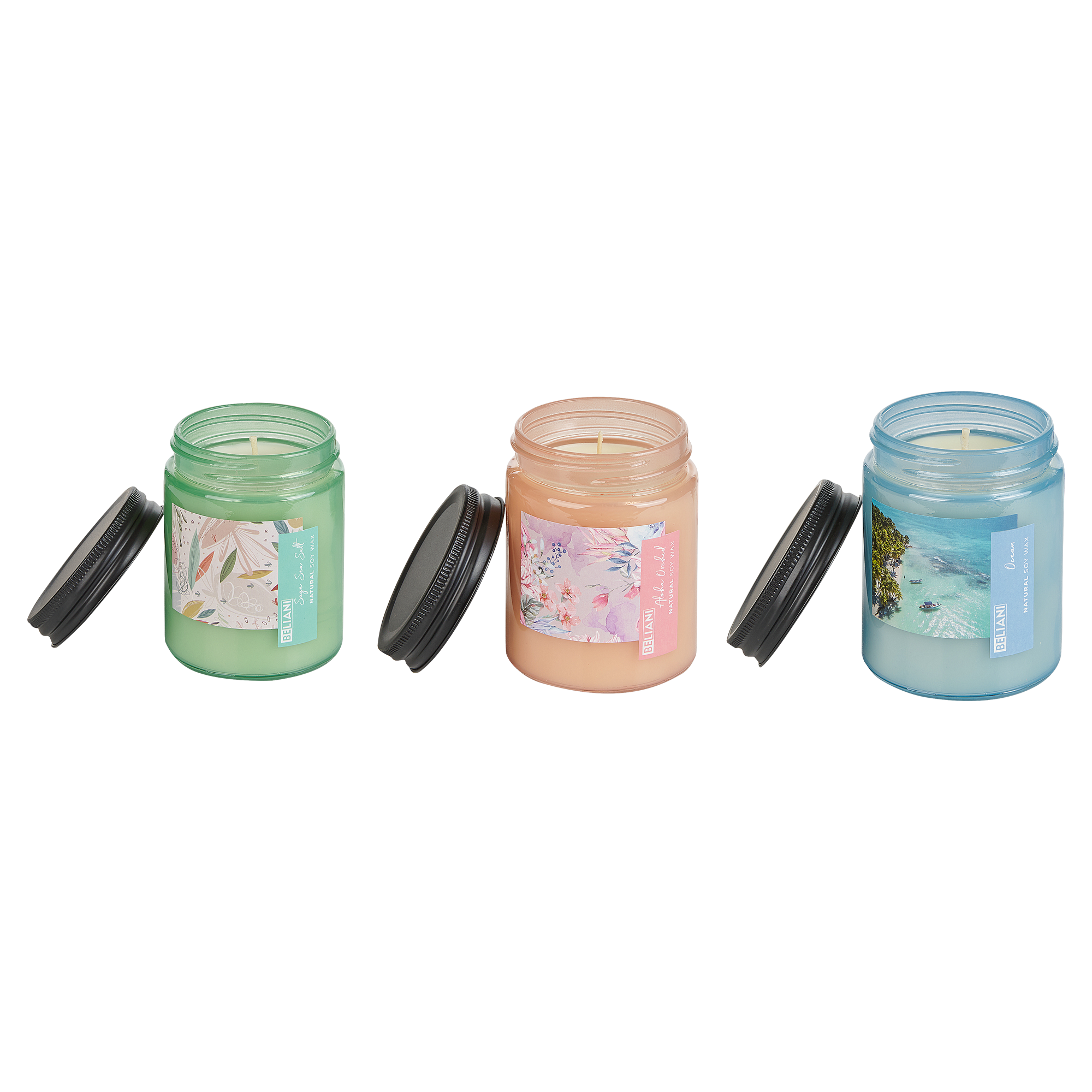 Geurkaars set van 3 soja wax salie zeezout/oceaan/orchidee FRUITY BLOOM