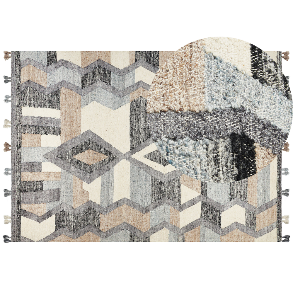 Image of Tappeto Kilim multicolore in lana e cotone 200 x 300 cm Fatto a mano con motivo patchwork boho con frange