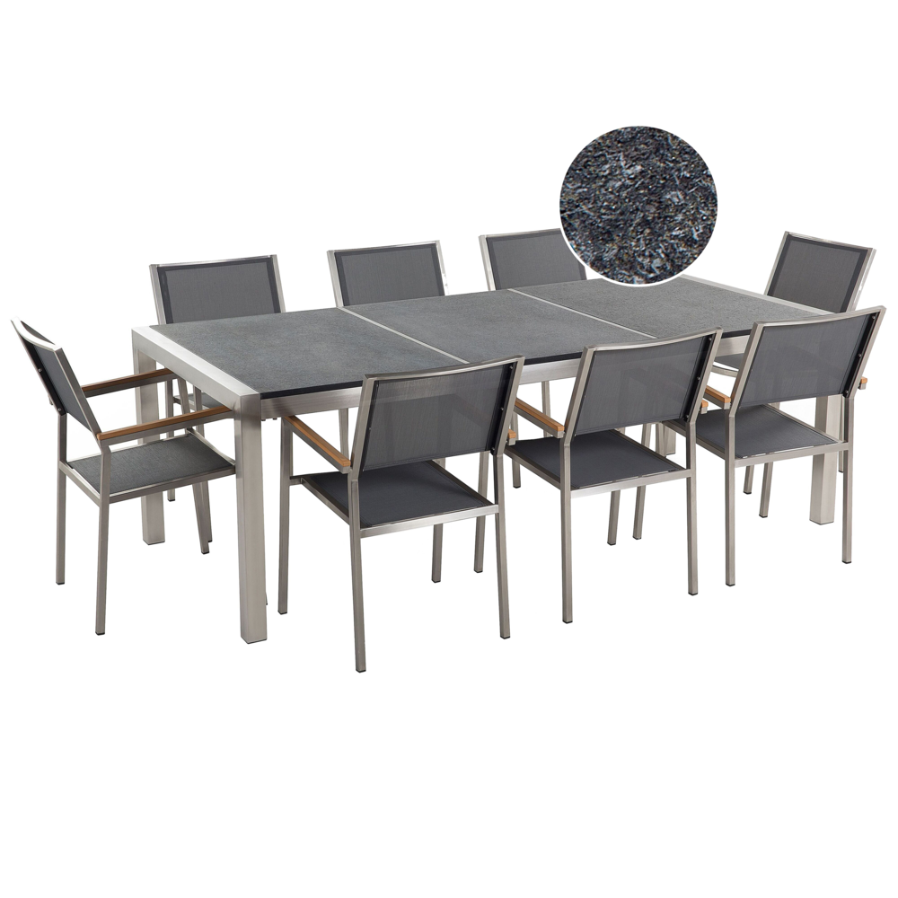 Set da pranzo da giardino grigio con piano in granito fiammato 8 posti 220 x 100 cm