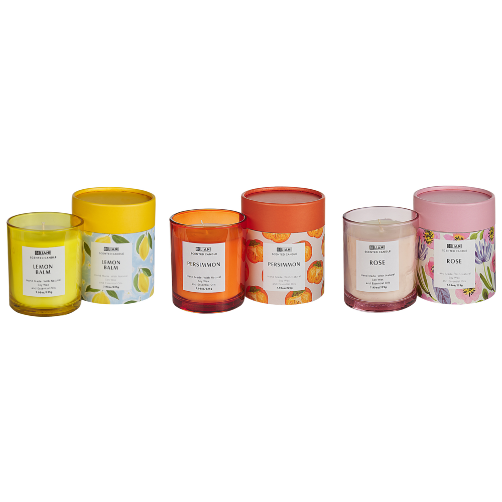 Image of Set di 3 candele profumate multicolore 100% cera di soia stoppino di cotone vetro fragranza floreale erbe orientali rosa/loto/melissa