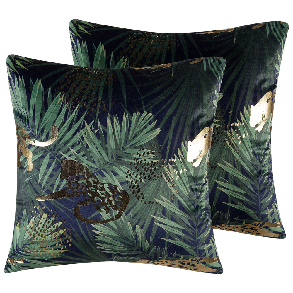 Image of Set di 2 cuscini decorativi Velluto verde Foglia di palma Motivo floreale 45 x 45 cm Lamina di animali Stampa Modern Retro Decor Accessori