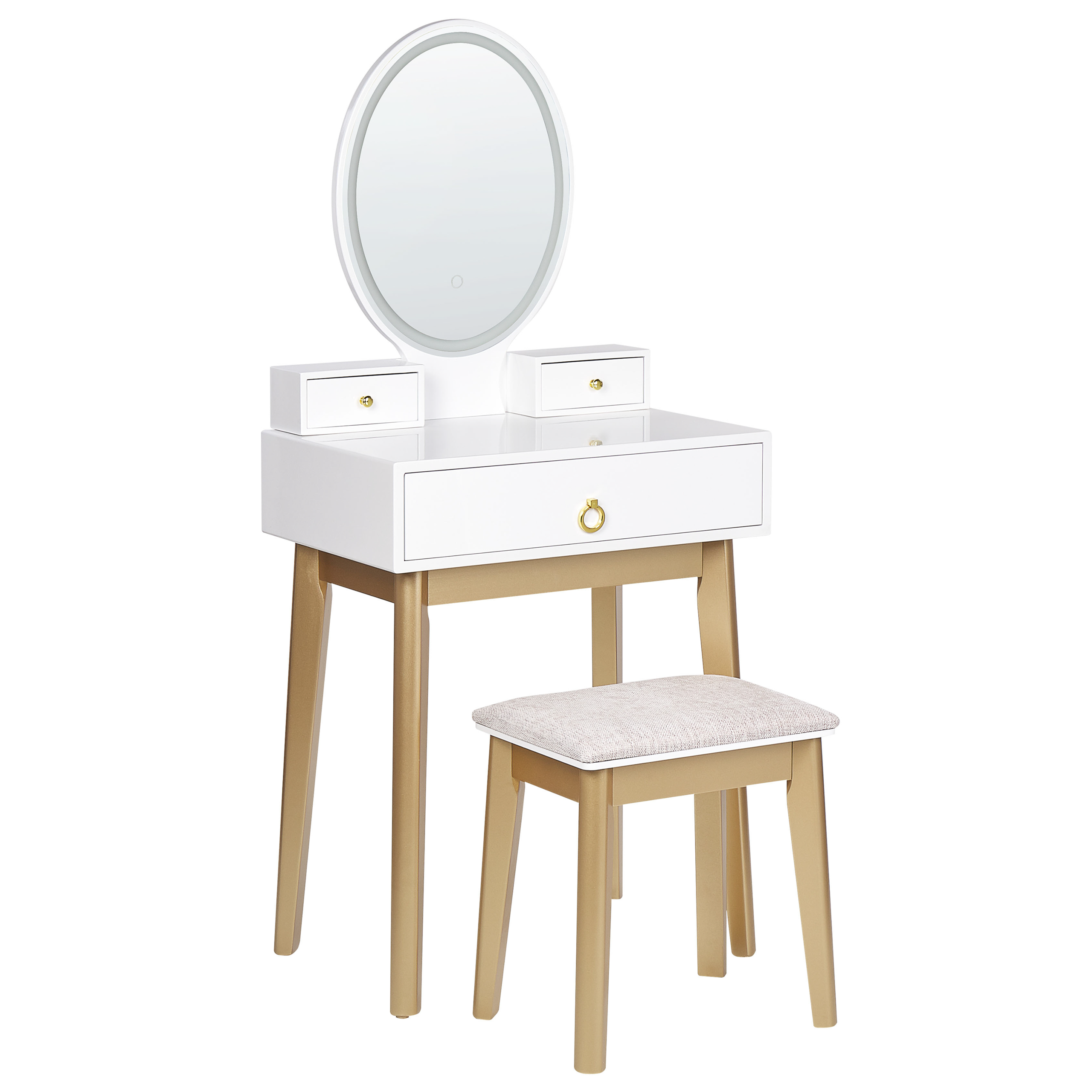 Kaptafel met LED spiegel en kruk wit/goud ROSEY