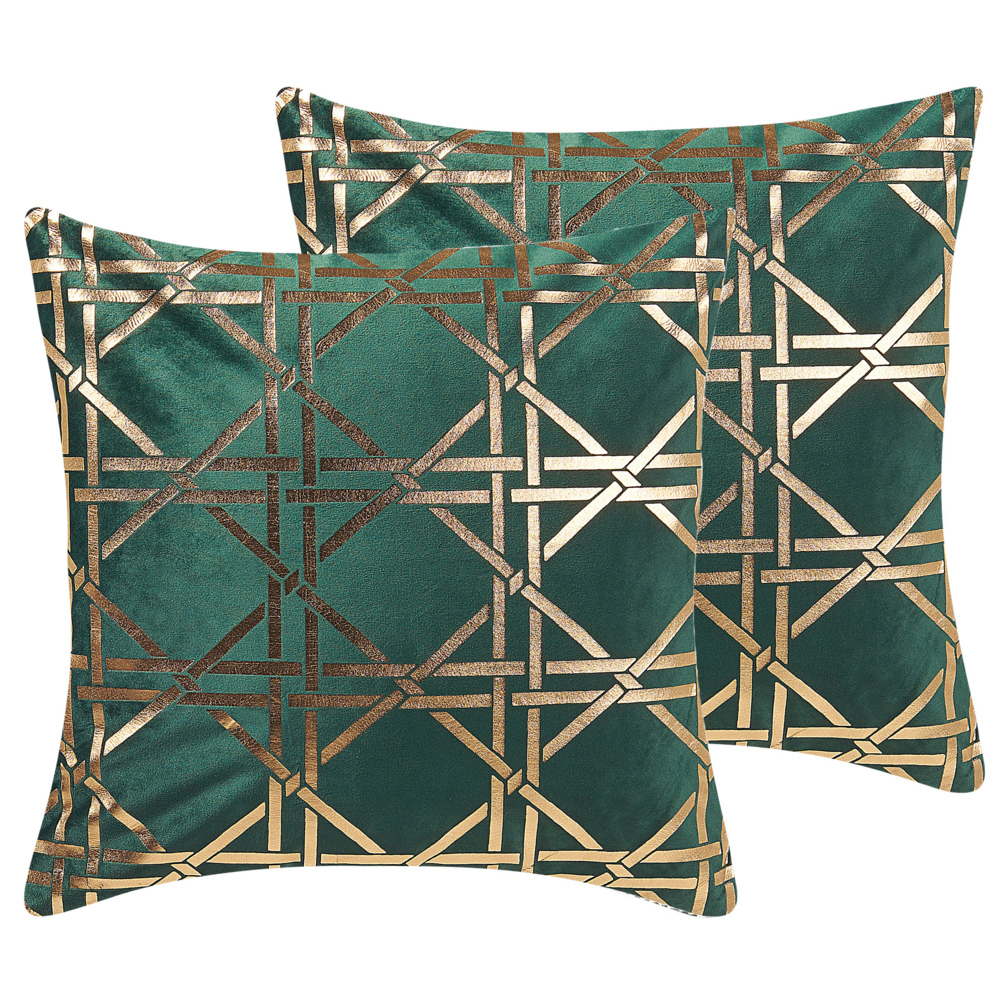 Image of Set di 2 cuscini decorativi verde scuro diamante motivo geometrico 45 x 45 cm lamina dorato stampa accessori arrossoamento glamour